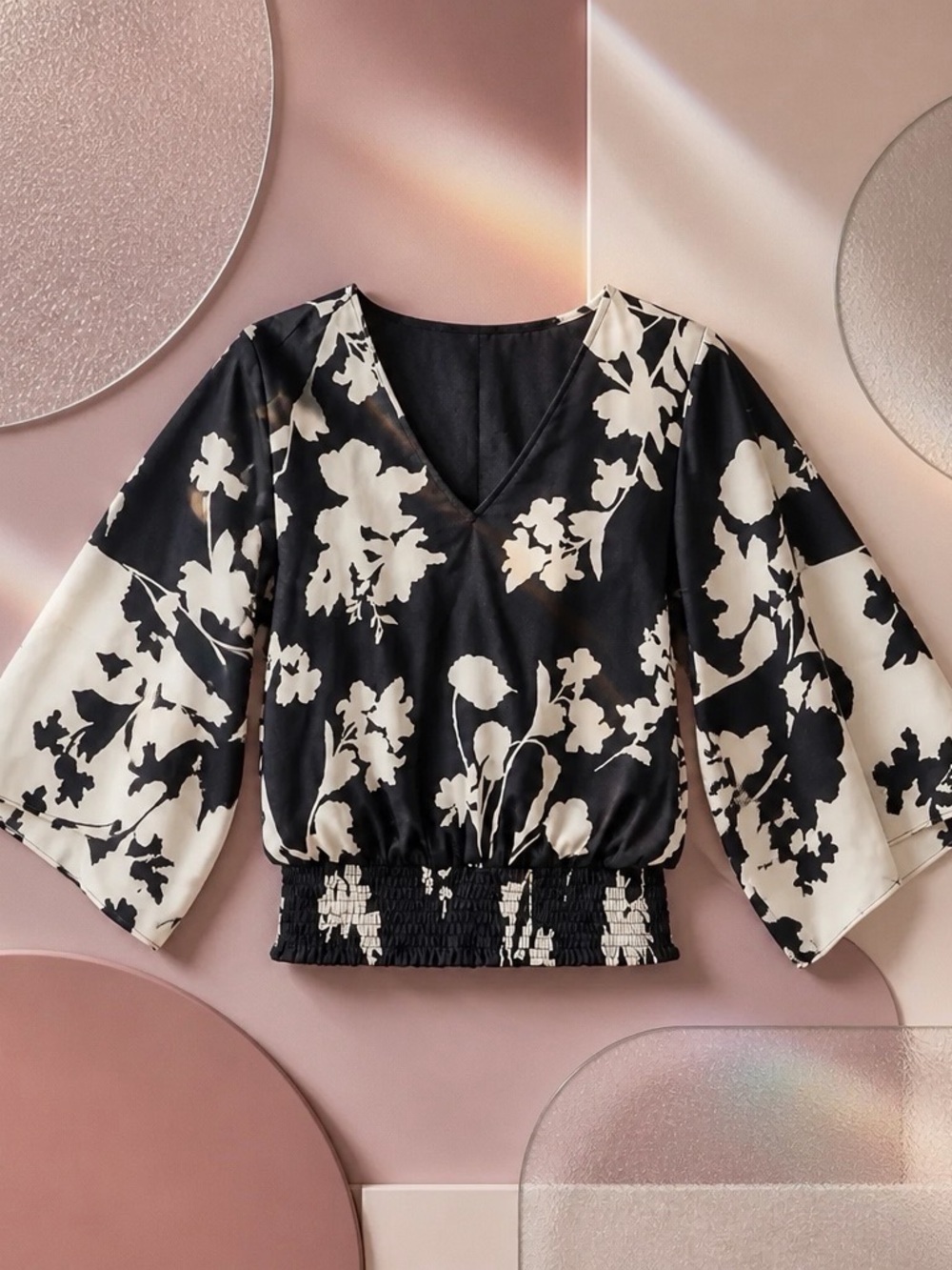 White House Black Market Black and‎ Pink Floral Blouse XS